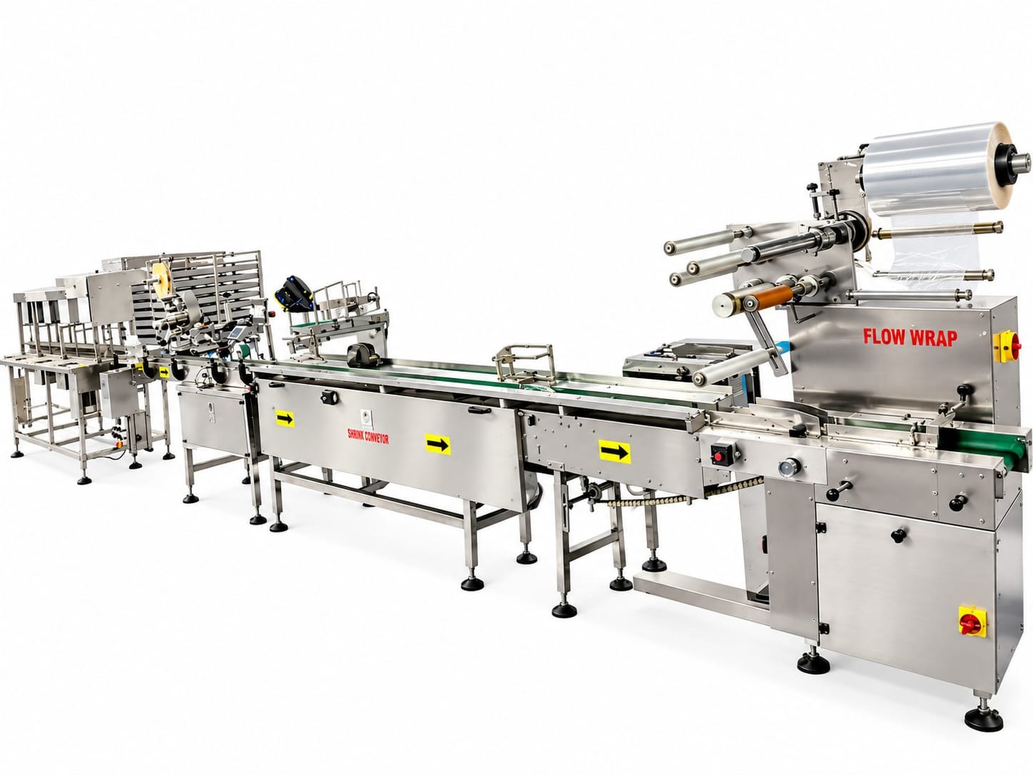 Packing line with flow wrap and shrink conveyor